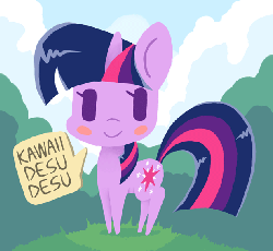 Size: 634x584 | Tagged: safe, artist:omegaozone, twilight sparkle, g4, animated, blush sticker, blushing, chibi, cute, desu, dialogue, female, frame by frame, gif, japanese, looking at you, smiling, solo, speech bubble, squigglevision