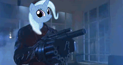 Size: 500x267 | Tagged: safe, trixie, g4, animated, female, grenade launcher, gun, irl, male, mm-1, photo, terminator, twiface, weapon, wrong neighborhood
