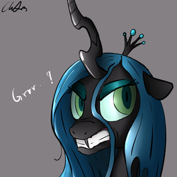 Size: 1000x1000 | Tagged: safe, artist:cs, queen chrysalis, changeling, changeling queen, g4, angry, female, gray background, growling, signature, simple background, solo