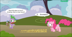 Size: 3000x1550 | Tagged: safe, artist:axemgr, pinkie pie, scootaloo, spike, g4, back to the future, reference