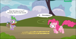 Size: 3000x1550 | Tagged: safe, artist:axemgr, pinkie pie, scootaloo, spike, g4, back to the future, dirt road, female, filly, fire, foal, mare, mountain, reference, scorch marks, shocked, tree