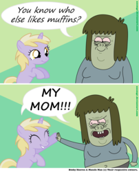 Size: 2000x2470 | Tagged: safe, artist:axemgr, dinky hooves, g4, comic, crossover, dialogue, happy, high five, joke, male, muscle man, my mom, regular show, smiling, speech bubble