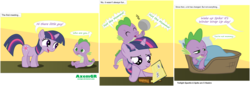 Size: 5229x1800 | Tagged: safe, artist:axemgr, spike, twilight sparkle, g4, baby dragon, book, comic, dinosaurs (tv show), filly, how to train your dragon, not the mama, not the momma, not the momma!, origins, pan, parody, reading, reference, younger