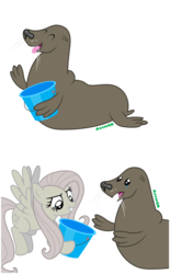 Size: 3420x5510 | Tagged: safe, artist:axemgr, fluttershy, sea lion, seal, g4, bucket, discorded, flutterbitch