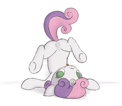 Size: 630x550 | Tagged: safe, artist:fantasyglow, edit, sweetie belle, pony, unicorn, g4, cute, diasweetes, featureless crotch, female, filly, foal, sfw edit, solo, upside down