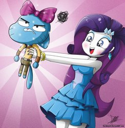 Size: 882x905 | Tagged: safe, artist:the-butch-x, rarity, cat, human, anthro, equestria girls, g4, bow, clothes, crossover, dress, duo, duo male and female, fall formal outfits, female, gumball watterson, human female, legs together, male, open mouth, open smile, smiling, starry eyes, sunburst background, the amazing world of gumball, unamused, wingding eyes