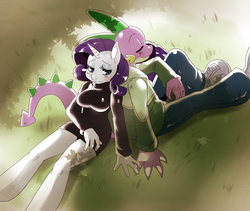 Size: 2168x1827 | Tagged: safe, artist:ss2sonic, rarity, spike, anthro, unguligrade anthro, g4, clothes, female, grass, male, shade, ship:sparity, shipping, sleeping, straight