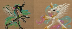 Size: 1567x644 | Tagged: dead source, safe, artist:getchanoodlewet, princess celestia, queen chrysalis, alicorn, changeling, changeling queen, pony, g4, fangs, female, insect wings, traditional art, wings