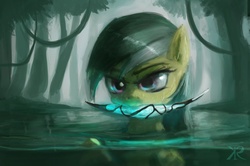 Size: 1020x679 | Tagged: safe, artist:grissaecrim, daring do, g4, female, jungle, mouth hold, solo, swimming, water, wet mane