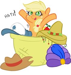 Size: 500x533 | Tagged: safe, artist:elslowmo, artist:mt, applejack, g4, basket, cute, female, gravity falls, hat, male, micro, solo, sombrero