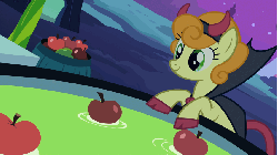 Size: 853x480 | Tagged: safe, screencap, carrot top, derpy hooves, golden harvest, earth pony, pegasus, pony, g4, luna eclipsed, season 2, animated, apple, apple bobbing, clothes, costume, devil costume, drain plug, female, food, literal hoof shoes, mare, mouth hold, nightmare night costume, paper bag, paper bag wizard