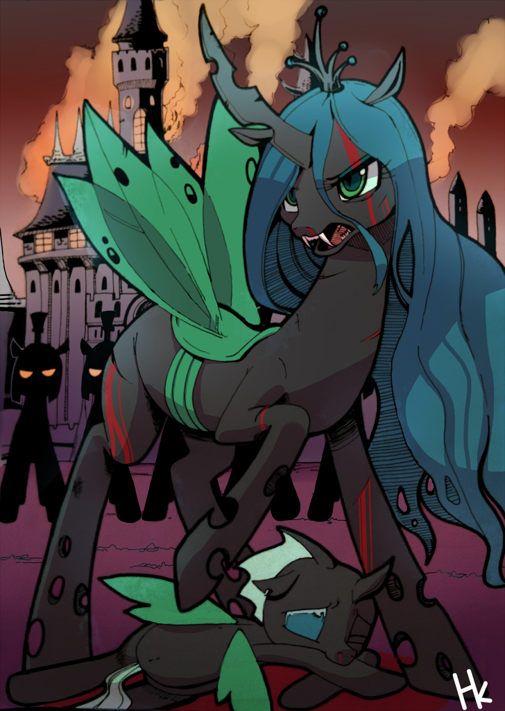 #436882 - semi-grimdark, artist:cakewasgood, queen chrysalis, changeling, b...