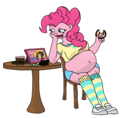 Size: 1600x1500 | Tagged: safe, artist:wryte, pinkie pie, oc, equestria girls, andrew w.k., belly, belly button, big belly, cake, candy, canon x oc, clothes, donut, eating, fanfic art, fat, fudge, humanized, obese, piggy pie, pudgy pie, request, round belly, simple background, socks, thigh highs, transparent background