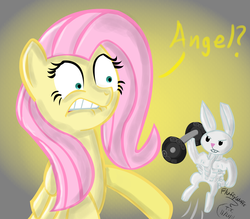 Size: 1200x1053 | Tagged: safe, artist:fluffywuffs, angel bunny, fluttershy, pegasus, pony, rabbit, g4, animal, dialogue, gradient background, muscles, weight lifting, weights