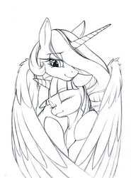 Size: 746x1009 | Tagged: safe, artist:longinius, princess celestia, twilight sparkle, alicorn, pony, g4, grayscale, hug, momlestia, monochrome, sketch, winghug