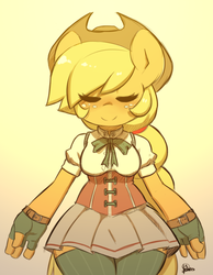 Size: 930x1200 | Tagged: safe, artist:terrabutt, applejack, earth pony, anthro, g4, anime, clothes, cosplay, costume, eyes closed, female, legs together, mami tomoe, mamijack, puella magi madoka magica, solo, wide hips