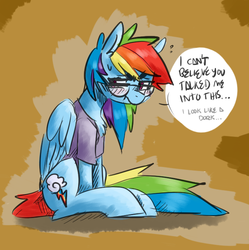 Size: 685x688 | Tagged: safe, artist:php131, artist:xieril, rainbow dash, pegasus, pony, g4, adorkable, beanbrows, blushing, clothes, collaboration, colored, cute, dialogue, dork, dressup, egghead, embarrassed, female, glasses, mare, rainbow dash always dresses in style, rainbow dork, shirt, sitting, solo