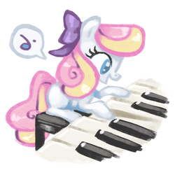 Size: 800x800 | Tagged: safe, artist:needsmoarg4, lullaby moon, earth pony, pony, blank flank, female, filly, hair bow, happy, music notes, musical instrument, older, piano, simple background, so soft, solo, speech bubble, toy, toy interpretation, white background