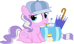 Size: 1146x692 | Tagged: safe, artist:magerblutooth, diamond tiara, earth pony, pony, g4, bag, bits, clothes, female, filly, foal, hat, scarf, simple background, solo, transparent background, umbrella