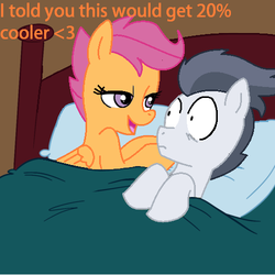 Size: 499x500 | Tagged: safe, artist:jcking101, artist:madmax, edit, rumble, scootaloo, pegasus, pony, g4, aftersex ponies, female, implied sex, male, morning after, older, pillow, recolor, ship:rumbloo, shipping, straight, surprised, text, wide eyes
