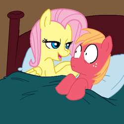 Size: 499x499 | Tagged: safe, artist:jcking101, artist:madmax, edit, big macintosh, fluttershy, earth pony, pony, g4, aftersex ponies, bed, implied sex, male, morning after, pillow, recolor, ship:fluttermac, shipping, stallion, straight, surprised, wide eyes