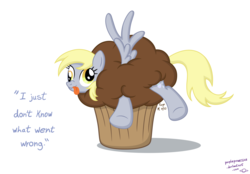 Size: 1600x1116 | Tagged: safe, artist:purpleprowess48, derpy hooves, pegasus, pony, g4, female, mare, muffin, quote, solo