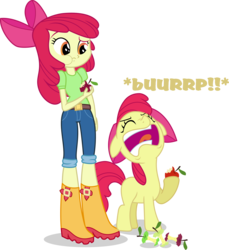 Size: 3078x3364 | Tagged: safe, artist:vector-brony, apple bloom, earth pony, human, pony, equestria girls, g4, apple, apple core, boots, burp, duo, eating, female, filly, foal, food, human ponidox, open mouth, self paradox, self ponidox, shoes, simple background, square crossover, transparent background, vector, volumetric mouth