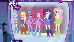 Size: 948x538 | Tagged: safe, applejack, fluttershy, pinkie pie, rainbow dash, rarity, equestria girls, g4, official, balloon, become an equestria girl, boots, bracelet, clothes, hat, high heel boots, jewelry, skirt, suspicious, top hat