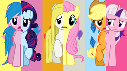 Size: 5100x2878 | Tagged: safe, artist:290pika, amethyst star, applejack, applejack (g1), firefly, posey, sparkler, sparkler (g1), surprise, twilight, g1, g4, g1 6, g1 six, g1 to g4, g1 → g4, generation leap, original designs, surprisamena, swapped cutie marks, vector, what my cutie mark is telling me