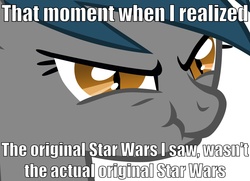 Size: 2630x1900 | Tagged: safe, oc, oc only, oc:speck, bat pony, pony, george lucas is a duck, image macro, meme, scrunchy face, solo, star wars