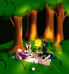 Size: 1177x1255 | Tagged: safe, artist:spacehunt, princess cadance, queen chrysalis, changeling, rabbit, g4, female, fire, friendship, lesbian, night, picnic, ship:cadalis, shipping, stories, wood