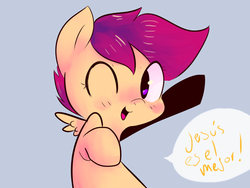 Size: 1280x960 | Tagged: safe, artist:spanish-scoot, scootaloo, tumblr:preguntascootaloo, g4, female, solo, spanish, translated in the comments, wink