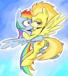 Size: 1025x1141 | Tagged: safe, artist:30clock, rainbow dash, spitfire, pegasus, pony, g4, bedroom eyes, blushing, butt, duo, female, flying, kiss on the lips, kissing, lesbian, looking at you, mare, pixiv, plot, ship:spitdash, shipping, surprise kiss, surprised