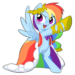 Size: 780x780 | Tagged: safe, artist:30clock, rainbow dash, pegasus, pony, g4, the best night ever, bipedal, blushing, clothes, dress, female, gala dress, jewelry, mare, necklace, open mouth, pixiv, pointing, simple background, solo, white background, wings