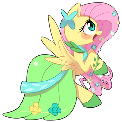Size: 700x700 | Tagged: safe, artist:30clock, fluttershy, pegasus, pony, g4, blushing, clothes, dress, female, gala dress, mare, open mouth, pixiv, simple background, solo, white background