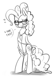 Size: 621x857 | Tagged: safe, artist:xieril, pinkie pie, earth pony, pony, g4, bipedal, blushing, clothes, covering, cute, diapinkes, female, glasses, monochrome, oversized clothes, oversized shirt, presenting, shirt, shy, solo, sweet