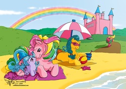 Size: 1169x827 | Tagged: safe, artist:solkatt, good weather, little giggles, parasol (g1), splosh, earth pony, pony, starfish, g1, 2009, beach, beach ball, beach towel, beach umbrella, bow, braid, braided ponytail, dream castle, female, filly, foal, looking at each other, looking at someone, lying down, mare, newborn, open mouth, open smile, pail, ponytail, prone, rainbow, running, smiling, sunglasses, tail, tail bow, umbrella