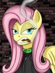 Size: 1308x1723 | Tagged: safe, artist:xyi, fluttershy, g4, badass, cigar, clothes, female, flutterbadass, looking at you, smoking, solo