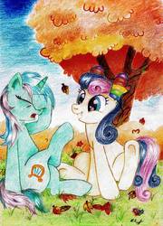 Size: 2409x3351 | Tagged: safe, artist:lailyren, bon bon, lyra heartstrings, sweetie drops, earth pony, pony, unicorn, g4, autumn, bon bon is amused, clothes, facehoof, gloves, lyra is not amused, mittens, sitting, smiling, tree