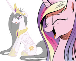 Size: 1224x976 | Tagged: safe, princess cadance, princess celestia, g4, alternate hairstyle, cadance laughs at your misery, crying, depressed, exploitable meme, meme, sad