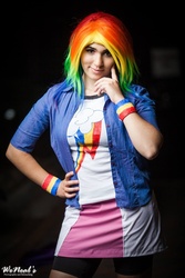 Size: 1366x2048 | Tagged: safe, artist:magyktrix, rainbow dash, human, equestria girls, g4, clothes, cosplay, equestria girls outfit, irl, irl human, photo, shirt, skirt, solo