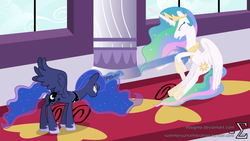 Size: 1191x670 | Tagged: safe, artist:90sigma, princess celestia, princess luna, alicorn, pony, g4, blast, duo, female, fight, magic, magic beam, magic blast, mare, royal sisters, siblings, sisters