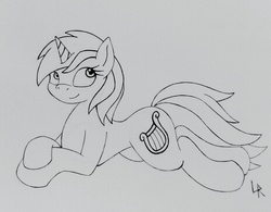 Size: 930x725 | Tagged: safe, artist:dubstepbrony4life, lyra heartstrings, g4, female, looking up, monochrome, prone, solo