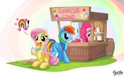 Size: 2560x1600 | Tagged: safe, artist:mysticalpha, fluttershy, pinkie pie, rainbow dash, earth pony, pegasus, pony, g4, blushing, butt, dock, exclamation point, female, food, heart, hoof hold, ice cream, lesbian, licking, mare, pictogram, plot, rainbow, ship:flutterdash, shipping, speech bubble, trio, wallpaper