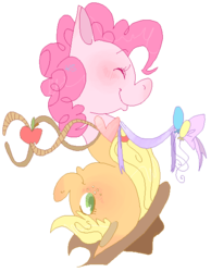 Size: 478x616 | Tagged: safe, artist:stevetwisp, applejack, pinkie pie, g4, female, heart, lesbian, portrait, ship:applepie, shipping, upside down