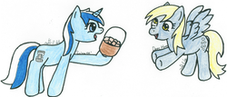 Size: 900x386 | Tagged: safe, artist:kaychu-the-gamer, derpy hooves, minuette, pegasus, pony, g4, female, mare, muffin