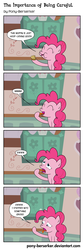 Size: 1152x3411 | Tagged: safe, artist:pony-berserker, pinkie pie, earth pony, pony, comic:the importance of being careful, g4, 2013, comic, dialogue, disgusted, eating, english, eww, female, food, gross, hoof hold, hoof licking, hoof licking good, hooves, humor, implied poop, indoors, inkscape, licking, lidded eyes, mare, mmh, monologue, muffin, onomatopoeia, open mouth, raised hoof, raised leg, sitting, smiling, solo, speech bubble, sugarcube corner, tongue out, vector