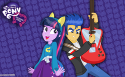 Size: 1143x698 | Tagged: safe, artist:jucamovi1992, flash sentry, twilight sparkle, equestria girls, g4, duo, female, guitar, male, ship:flashlight, shipping, straight