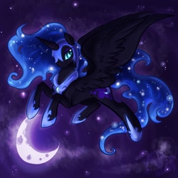 Size: 1280x1280 | Tagged: safe, artist:bluekazenate, nightmare moon, alicorn, pony, g4, female, flying, moon, night, smiling, solo