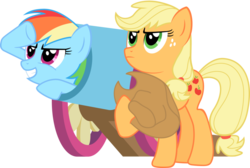 Size: 1091x733 | Tagged: safe, artist:madthemike, applejack, rainbow dash, earth pony, pegasus, pony, g4, cannon, duo, duo female, female, mare, pony cannonball, simple background, transparent background